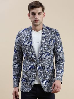 SHOWOFFFF - Men's Printed Slim Fit Notched Lapel Blue Single-Breasted Blazer