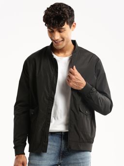 SHOWOFF - Men's High Neck Long Sleeves Black Solid Bomber Jacket