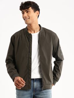 SHOWOFF - Men's High Neck Long Sleeves Olive Solid Bomber Jacket