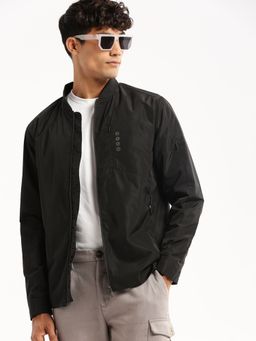 SHOWOFF - Men's High Neck Long Sleeves Black Solid Bomber Jacket