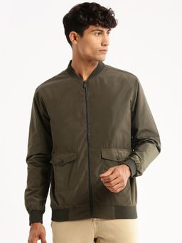 SHOWOFF - Men's High Neck Long Sleeves Olive Solid Bomber Jacket