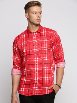 SHOWOFFFF - Men's Long Sleeves Spread Collar Windowpane Checks Red Slim Fit Shirt