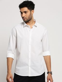 SHOWOFFFF - Men's Long Sleeves Spread Collar Textured White Slim Fit Shirt
