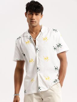 SHOWOFF - Men's Short Sleeves Cuban Collar Graphic Yellow Regular Fit Shirt