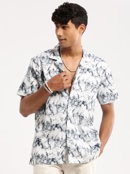 SHOWOFFFF - Men's Short Sleeves Cuban Collar Abstract Dark Blue Regular Fit Shirt