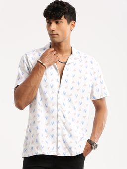 SHOWOFF - Men's Short Sleeves Cuban Collar Graphic Blue Regular Fit Shirt
