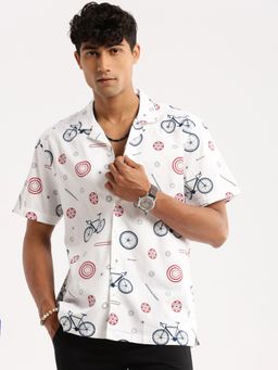 SHOWOFF - Men's Short Sleeves Cuban Collar Graphic White Regular Fit Shirt