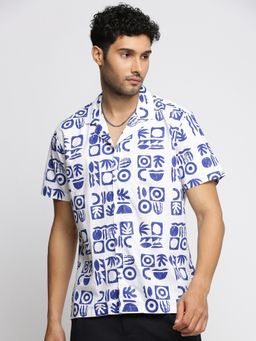 SHOWOFFFF - Men's Short Sleeves Cuban Collar Geometric White Regular Fit Shirt
