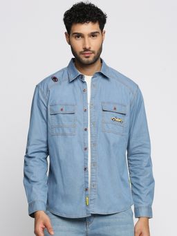 SHOWOFF - Men's Long Sleeves Spread Collar Solid Blue Oversized Shirt