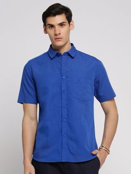 SHOWOFF - Men's Short Sleeves Spread Collar Solid Blue Slim Fit Shirt