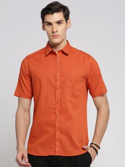SHOWOFFFF - Men's Short Sleeves Spread Collar Solid Rust Slim Fit Shirt