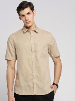 SHOWOFF - Men's Short Sleeves Spread Collar Solid Beige Slim Fit Shirt