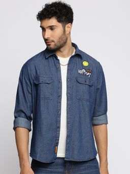 SHOWOFFFF - Men's Long Sleeves Spread Collar Solid Navy Blue Oversized Shirt