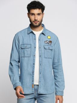 SHOWOFFFF - Men's Long Sleeves Spread Collar Solid Blue Oversized Shirt