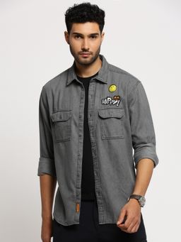 SHOWOFFFF - Men's Long Sleeves Spread Collar Solid Grey Oversized Shirt