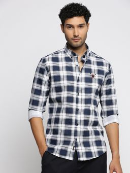 SHOWOFFFF - Men's Long Sleeves Spread Collar Tartan Checks Navy Blue Slim Fit Shirt