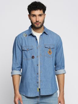 SHOWOFFFF - Men's Long Sleeves Spread Collar Solid Blue Oversized Shirt