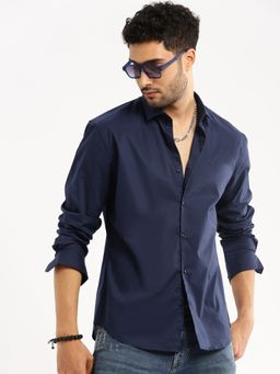 SHOWOFF - Men's Long Sleeves Spread Collar Solid Navy Blue Slim Fit Shirt