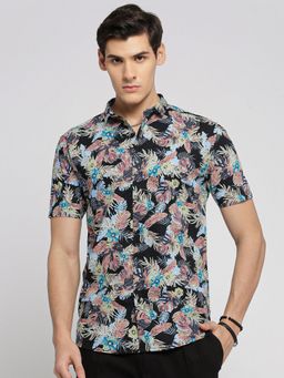 SHOWOFF - Men's Short Sleeves Spread Collar Floral Black Slim Fit Shirt