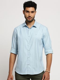 SHOWOFFFF - Men's Long Sleeves Spread Collar Vertical Stripes Blue Slim Fit Shirt