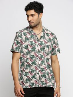 SHOWOFF - Men's Short Sleeves Cuban Collar Printed Green Regular Fit Shirt