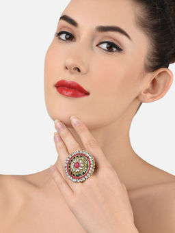 Zaveri Pearls - Green Meenakari and Pink Stone Dazzling Finger Ring-ZPFK11429