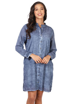 Pashma - Women Solid Cotton Navy Blue Mini Dress