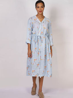 Pashma - Women Floral Linen Blue Midi Dress