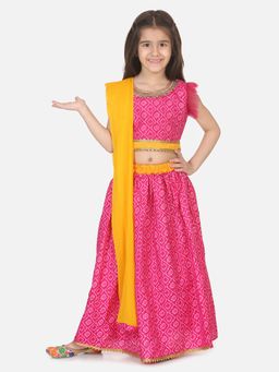 BownBee - Girls Bandhani Net Pleated Sleeves Lehenga- Pink (Set of 3)