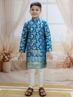 BownBee - Boys Front Open Jacquard Sherwani with Pyjama Blue (Set of 2)