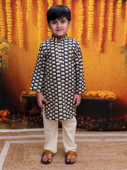 BownBee - Boys Pure Cotton Hathi Print Kurta & Pyjama Navy Blue (Set of 2)