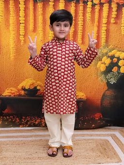 BownBee - Boys Pure Cotton Hathi Print Kurta & Pyjama Red (Set of 2)