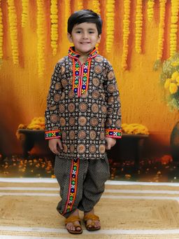 BownBee - Boys Embroidered Printed Cotton Kurta with Dhoti Black (Set of 2)