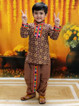 BownBee - Boys Embroidered Printed Cotton Kurta with Dhoti Maroon (Set of 2)