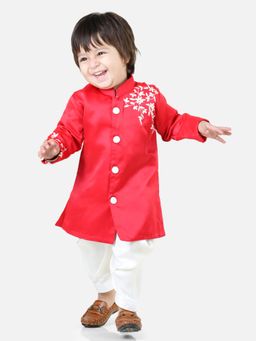 BownBee - Boys Hand Embroidered Jam Cotton Sherwani Salwar Red (Set of 2)