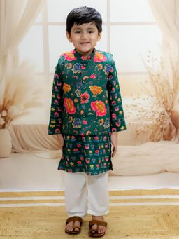 BownBee - Boys Pure Cotton Kurta, Pyjama with Jacket Green (Set of 3)