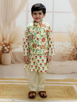 BownBee - Boys Pure Cotton Kurta, Pyjama with Jacket Off White (Set of 3)