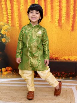 BownBee - Boys Jacquard Full Sleeve Sherwani with Salwar Green (Set of 2)