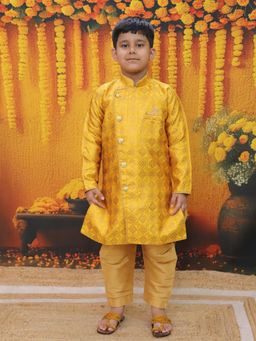 BownBee - Boys Jacquard Full Sleeve Sherwani with Salwar Yellow (Set of 2)