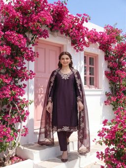 Tansi - Women's Wine Floral Raw Silk Kurta with Pant & Dupatta