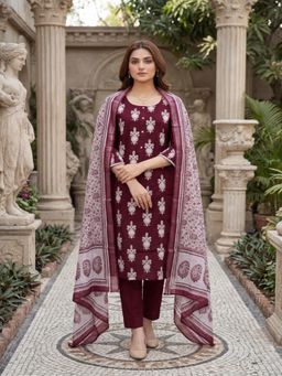 Tansi - Women's Wine Embroidered Raw Silk Kurta with Pant & Dupatta