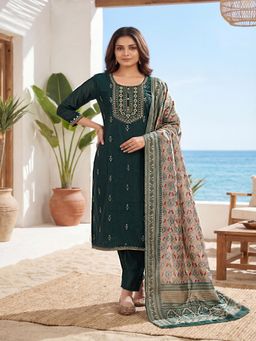 Tansi - Women's Green Embroidered Raw Silk Kurta with Pant & Dupatta