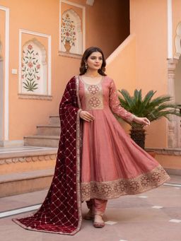 Tansi - Women's Pink Embellished Raw Silk Anarkali Kurta with Pant & Dupatta
