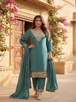 Tansi - Women's Green Embroidered Raw Silk Kurta with Pant & Dupatta