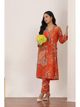 Rangriti - Women's Orange Floral Viscose Blend Co-Ord Set