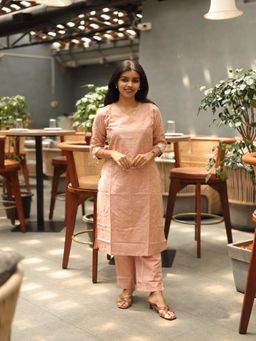 Vastara TheLabel - Women's Peach Woven Cotton Linen Blend Co-Ord Set