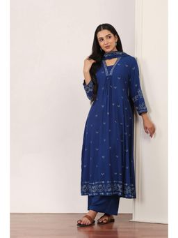 Rangriti - Women's Blue Printed Rayon Kurta with Palazzo & Dupatta