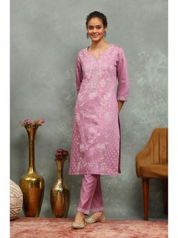 Rangriti - Women's Lavender Floral Viscose Blend Kurta with Pant