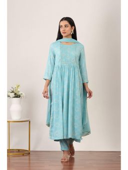 Rangriti - Women's Blue Printed Viscose Blend Kurta with Pant & Dupatta