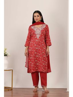 Rangriti - Women's Red Floral Cotton Kurta with Pant & Dupatta